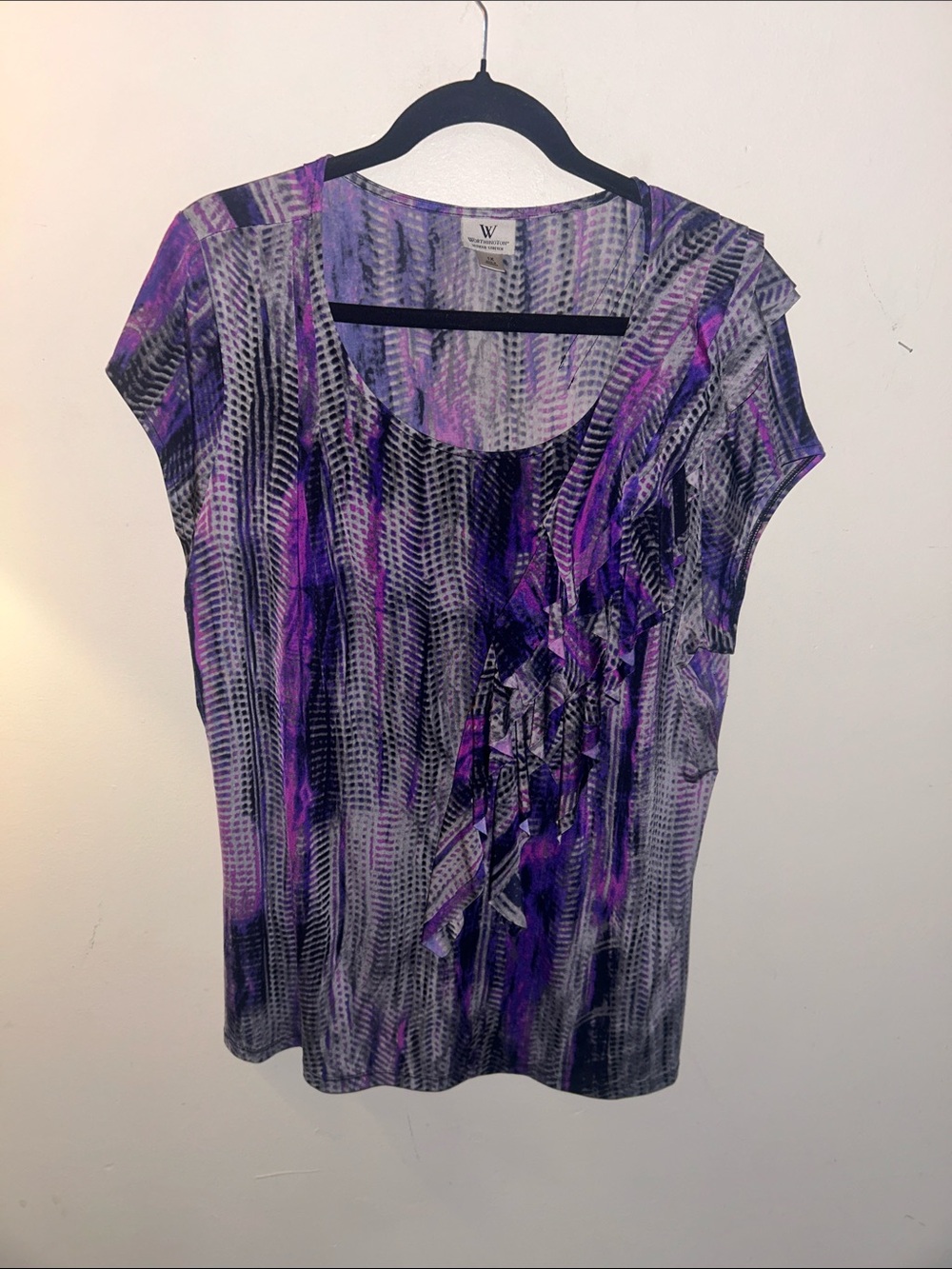 Worthington Purple & Black Ruffle Front Printed Top